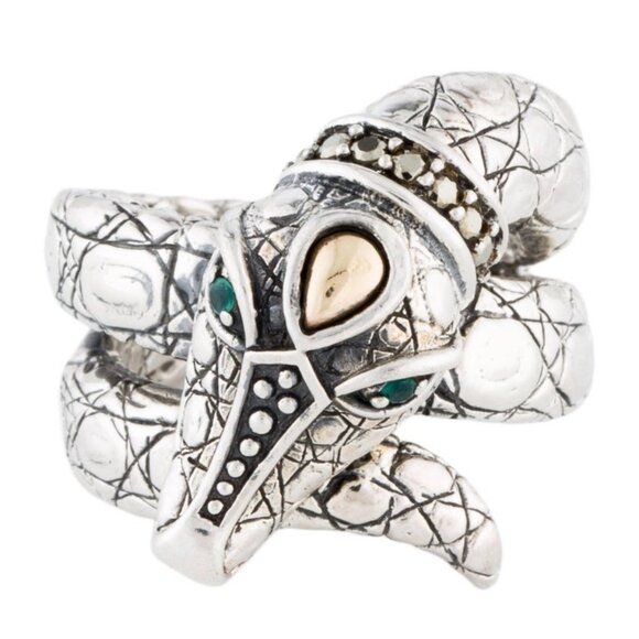 JOHN HARDY STERLING SILVER DYED CHALCEDONY & PYRITE CROCODILE JAI COCKTAIL RING - Picture 5 of 13